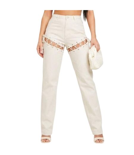 Womens/ladies Lace Up High Waist Trousers Sand Missy Empire