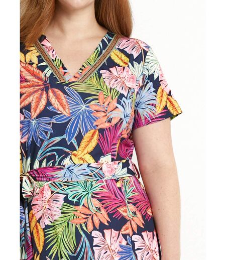 Robe col V courte évasée imprimé feuilles