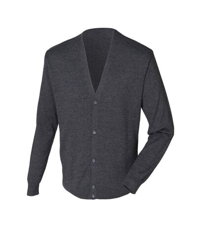 Henbury Mens V Neck Button Fine Knit Cardigan (Grey Marl)