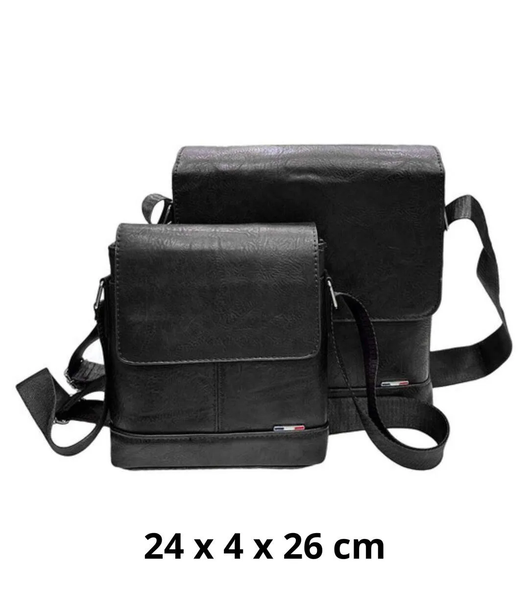 Lot de 2, grande et petite sacoche bandoulière homme à  rabat en PVC vieilli - Compacte, réglable, noire-1