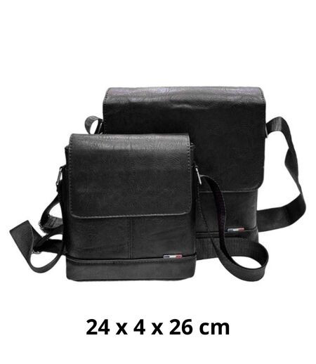 Lot de 2, grande et petite sacoche bandoulière homme à  rabat en PVC vieilli - Compacte, réglable, noire