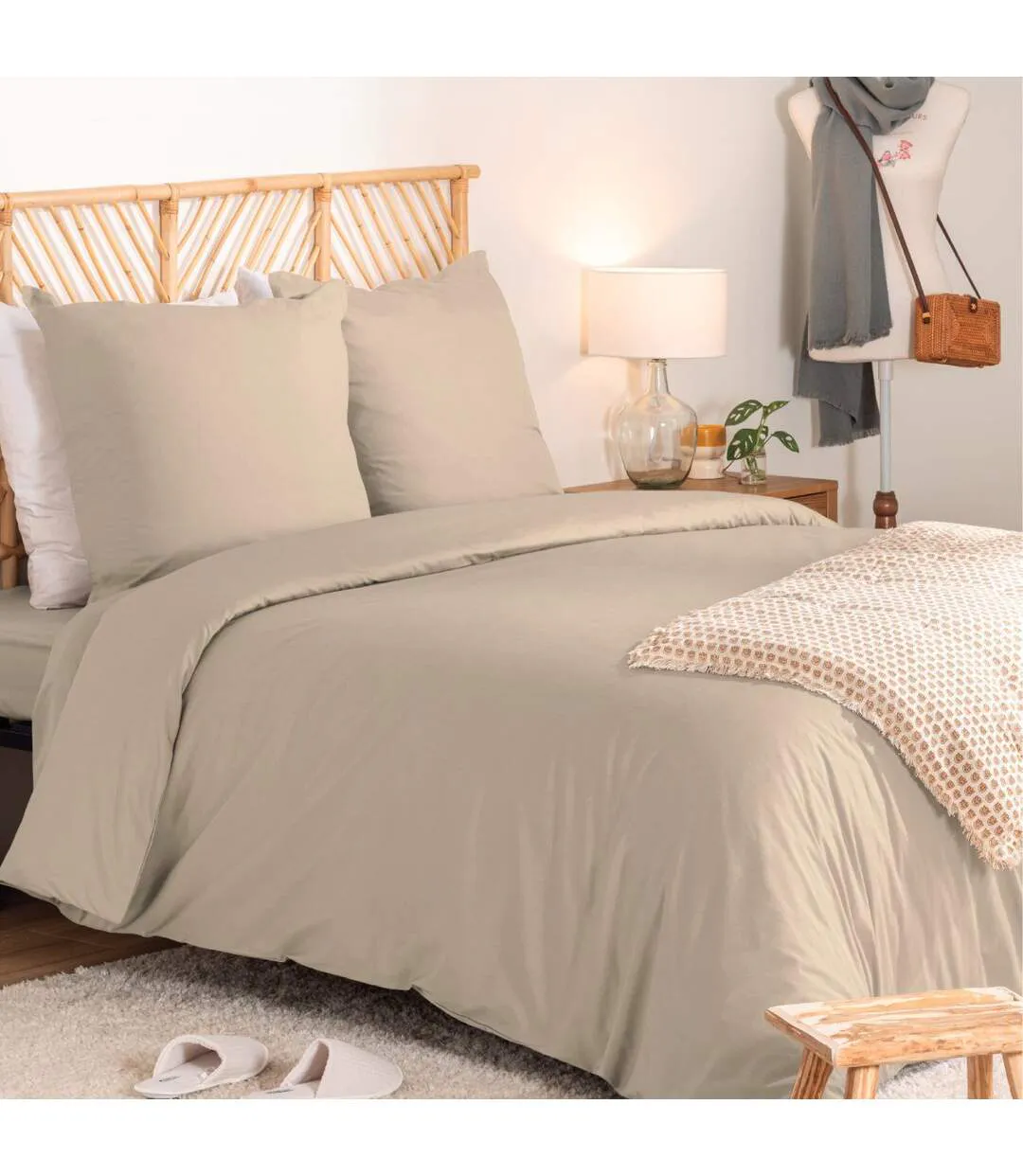 Parure de Lit 3 Pièces Percale 240x220cm Beige Lin-1