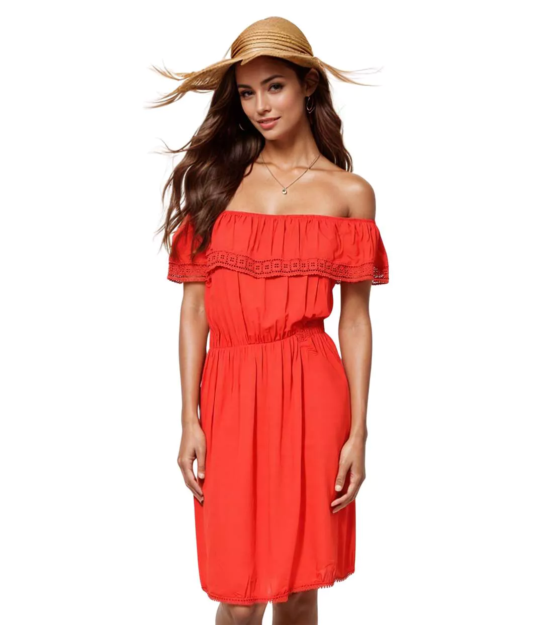 Robe été Femme Sans Manches Rouge avec Volants, Longueur Genou - Col Rond - élégance Décontractée-1