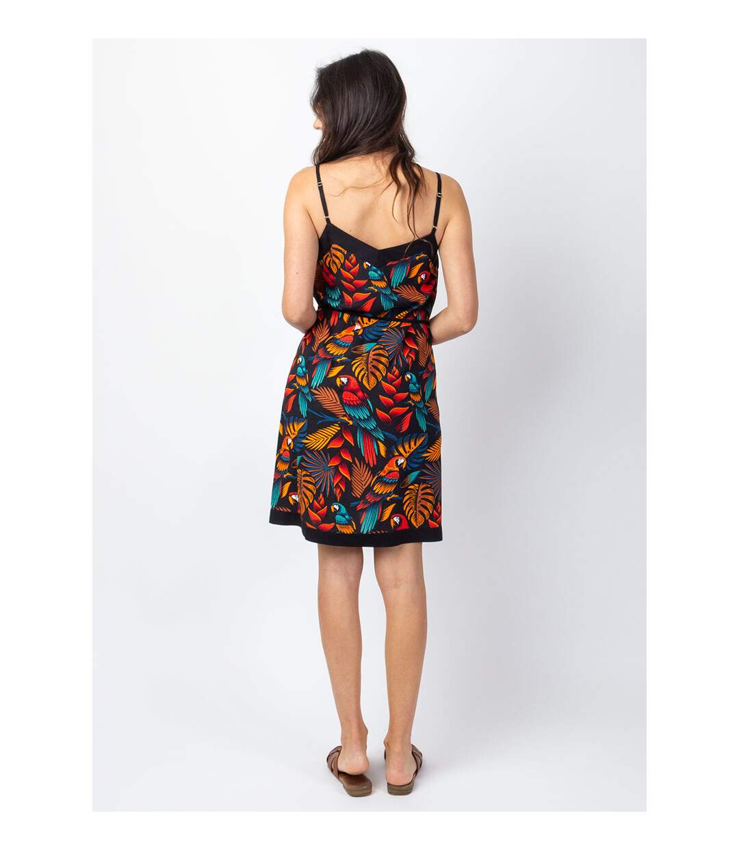 Robe courte fluide fines bretelles PALMA imprimé tropical noir Coton Du Monde