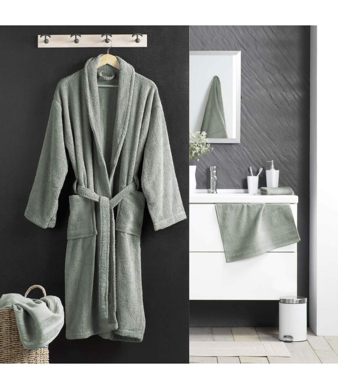 Peignoir Col Châle en Coton Tendresse Vert Cèdre-4
