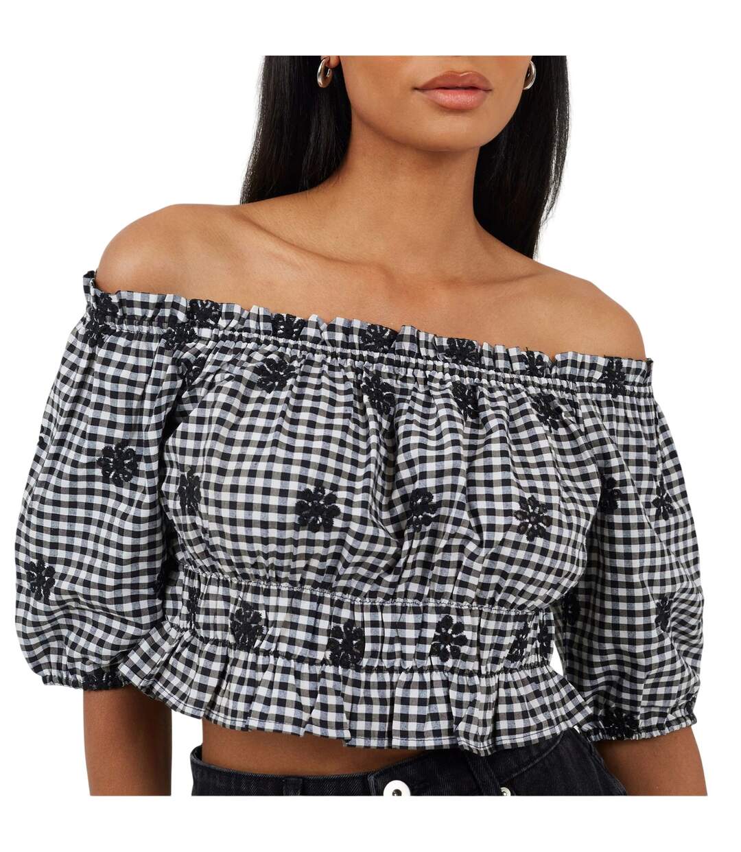 Womens/ladies Anglaise Gingham Puff Sleeve Top Black White Brave Soul-2