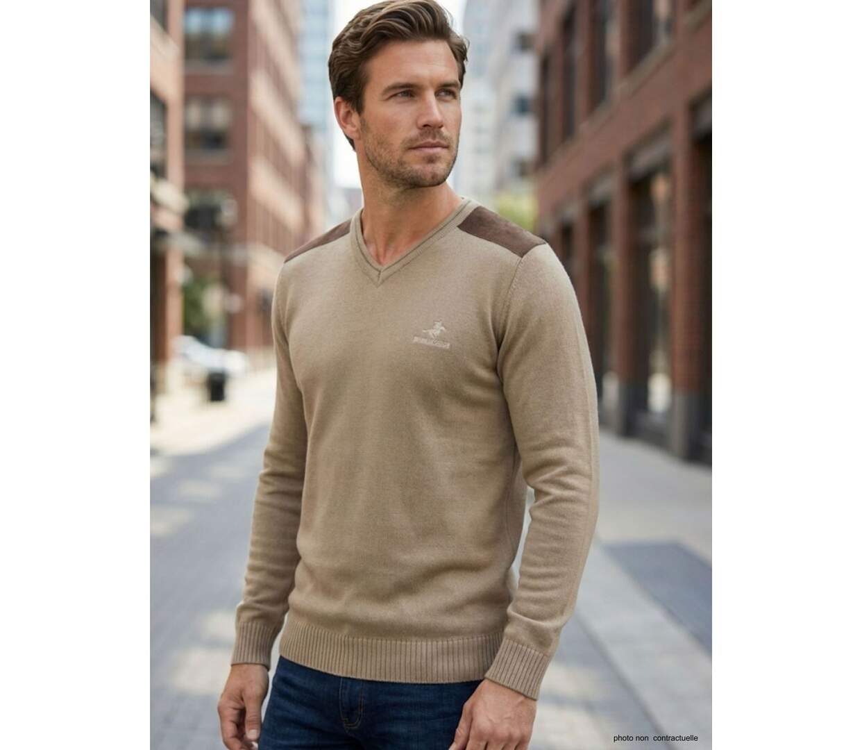 Pull Col V Homme Winchester Panel1 Beige avec Renforts Suédine-1