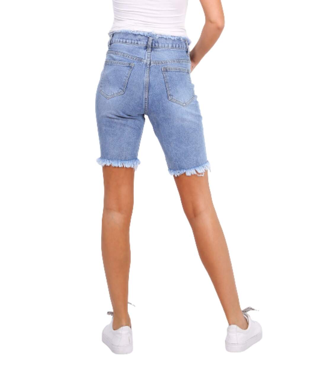 Bermuda femme en jean frangé - Stone clair - Coupe ajustée - Taille haute-3