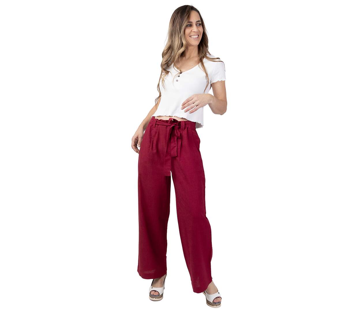 Pantalon uni en coton mélangé SHERINE framboise Coton Du Monde-1