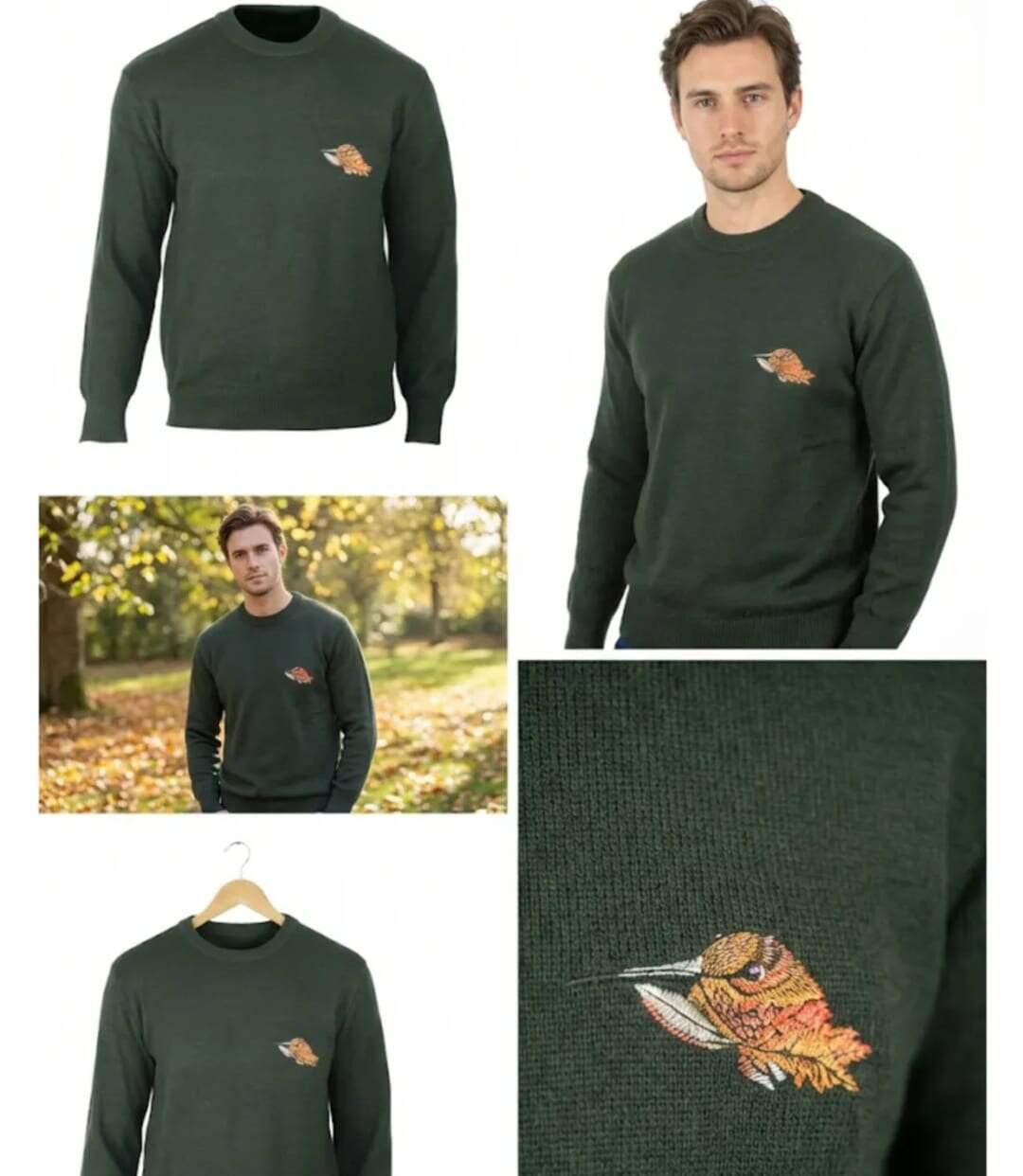 Pull Ras du Cou Homme Ledertys Kaki avec Broderie Bécasse-3