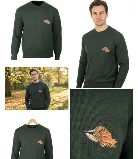 Pull Ras du Cou Homme Ledertys Kaki avec Broderie Bécasse