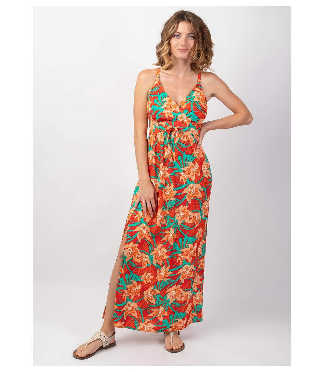 Robe longue fendue GLORIA fines bretelles motif fleuri tropical Coton Du Monde