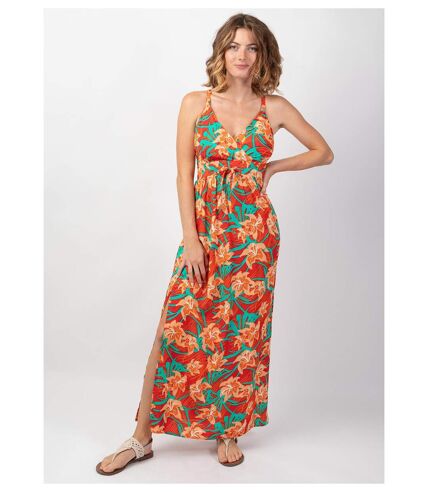 Robe longue fendue GLORIA fines bretelles motif fleuri tropical Coton Du Monde