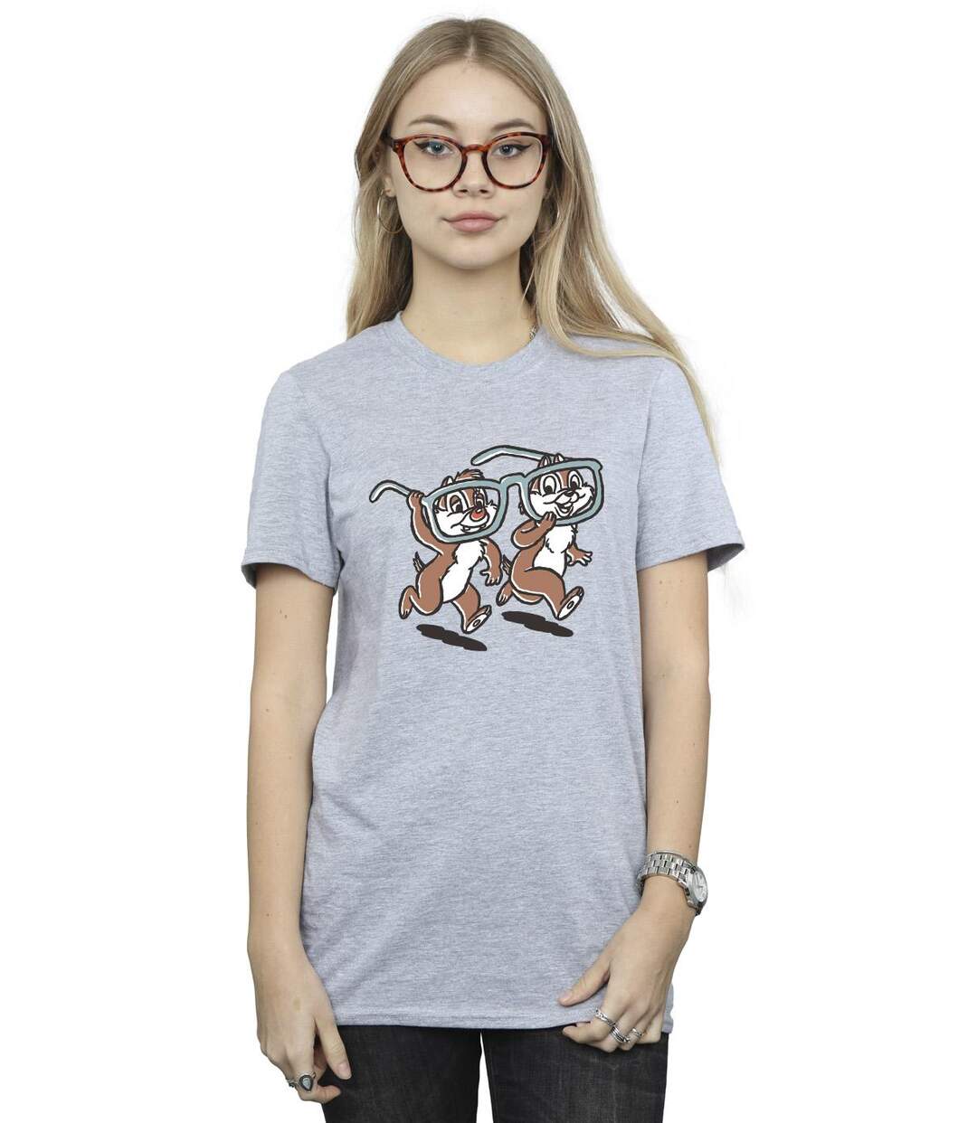 Disney Femme/Les femmes Chip 'n Dale Glasses Cotton Boyfriend T-Shirt (Gris sportif) - UTBI18719-2