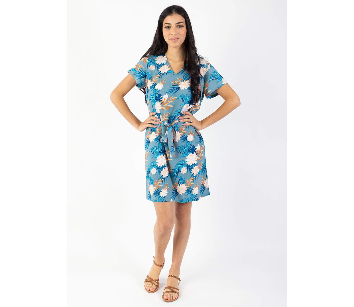 Robe courte manches courtes col V SERENA  motif exotique Coton Du Monde-2