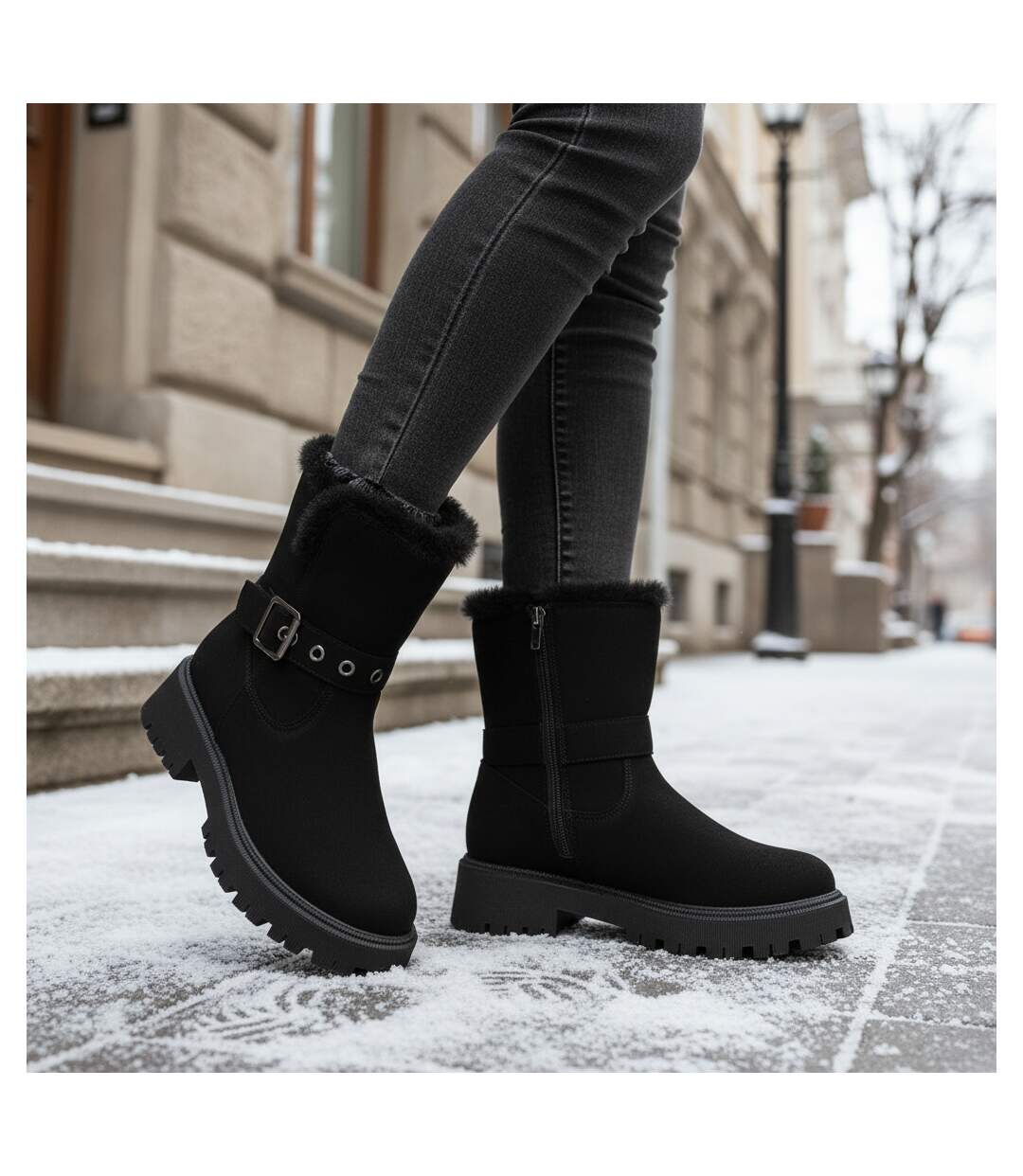 OZABI Bottines Fourrées Femme Suédine Zip et Sangle Semelle Crantée-2
