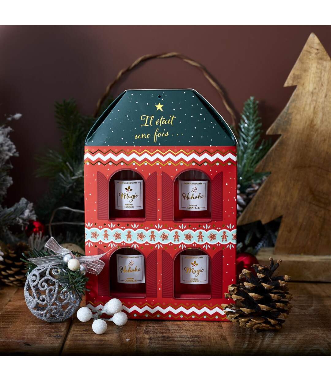 Coffret 4 Bougies Parfumées Maison Noël 18cm Rouge-3