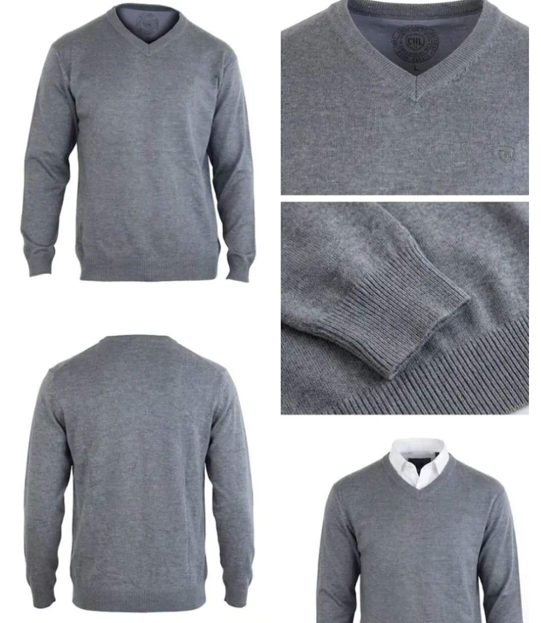 Pull Col V Homme PALAIS3 Gris avec Finitions Chambray-3