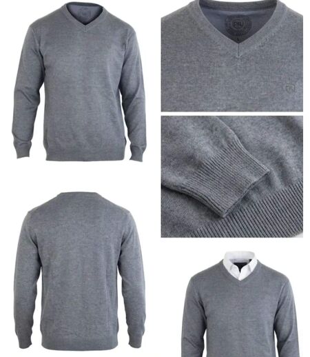 Pull Col V Homme PALAIS3 Gris avec Finitions Chambray