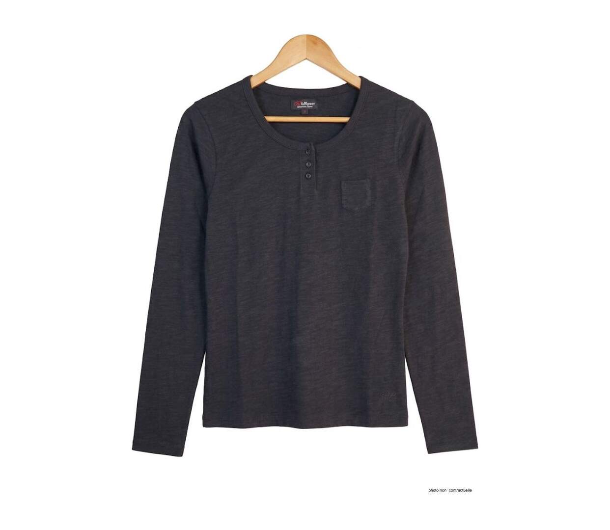 AXONE CHINA1N - Tee-shirt noir manches longues en coton flammé avec col 3 boutons et poche poitrine-2