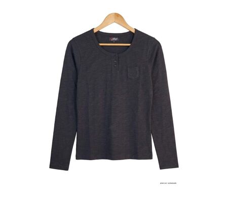 AXONE CHINA1N - Tee-shirt noir manches longues en coton flammé avec col 3 boutons et poche poitrine