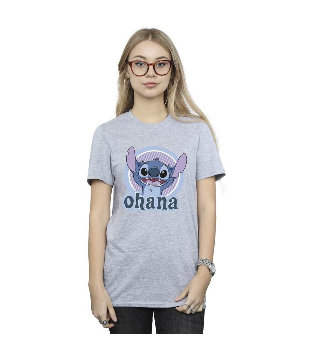 Disney Womens/Ladies Lilo And Stitch Ohana Circle Cotton Boyfriend T-Shirt (Gris sportif) - UTBI30268-2