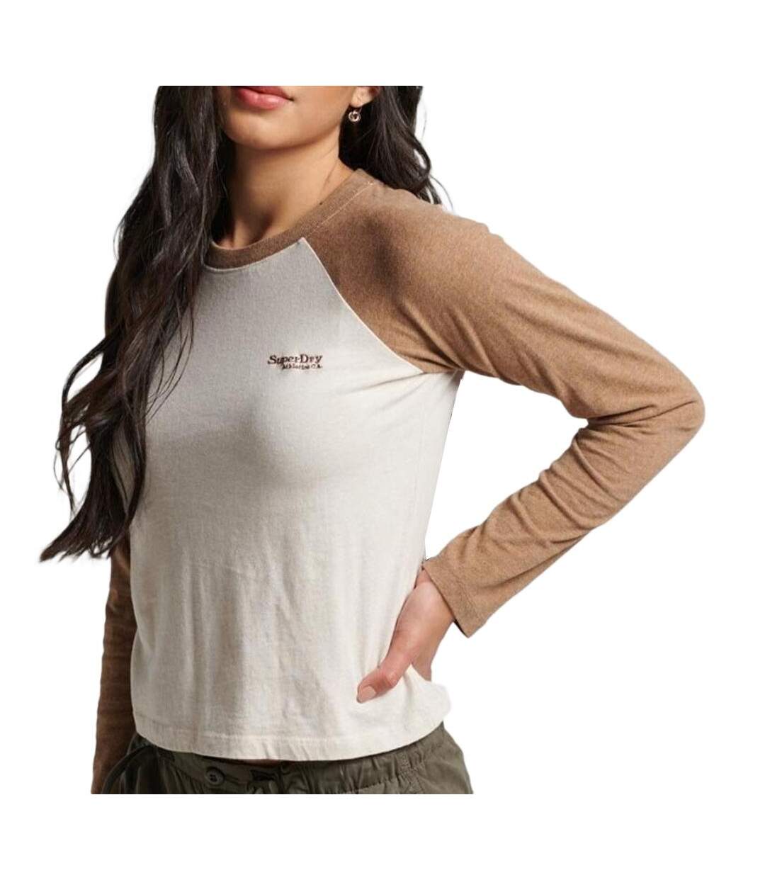 T-shirt Manches Longues Marron/Beige Femme Superdry Baseball - L