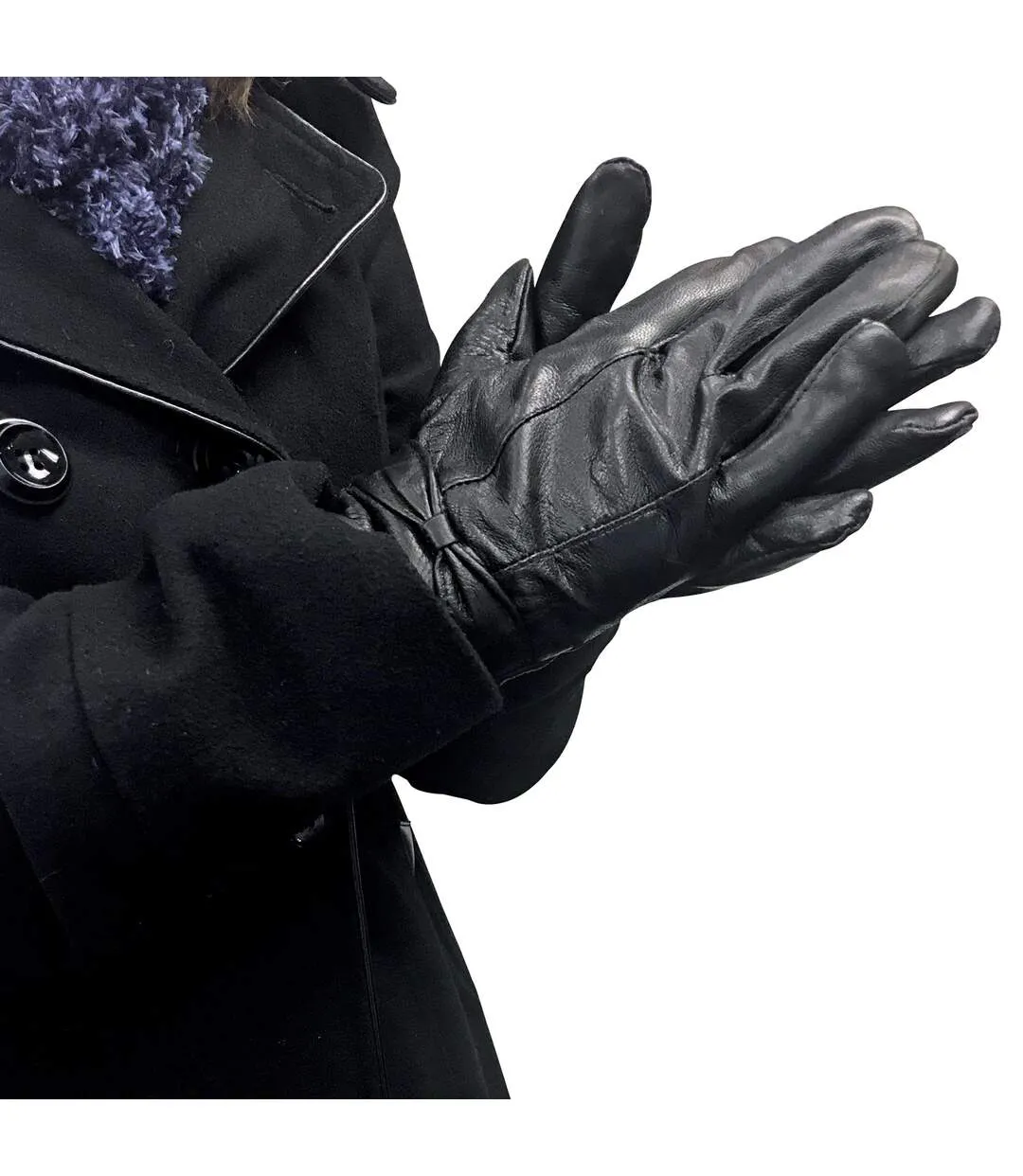 Ladies Fleece Lined Warm Leather Gloves with Bow-3