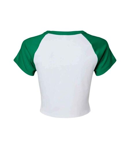 Womens/ladies micro-rib raglan crop top white/kelly green Bella + Canvas