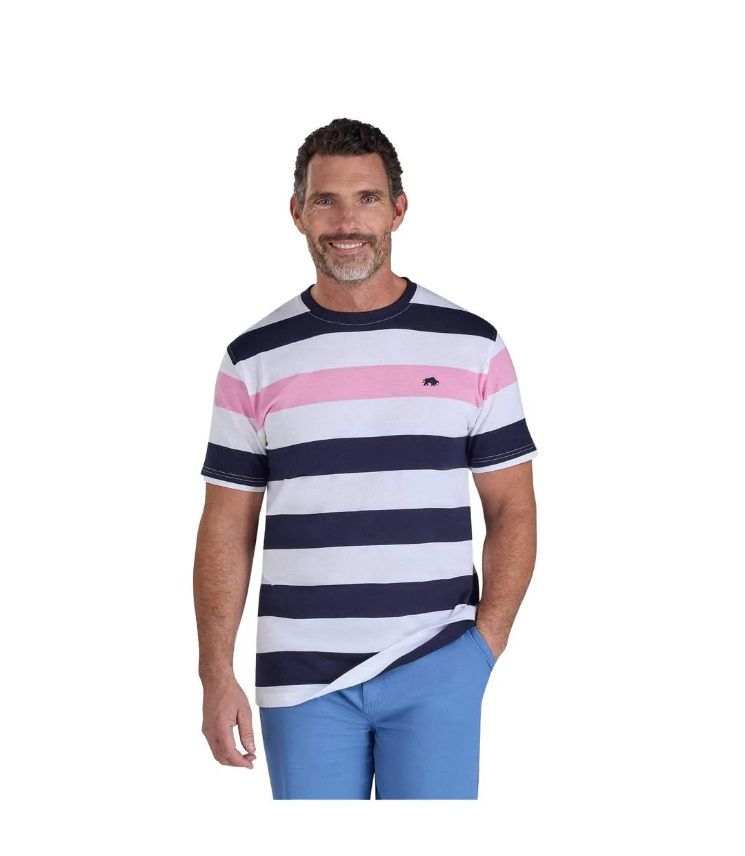 T-shirt Motif/style Rayures Contrastées Homme Blanc Bleu Marine Rose Raging Bull-2