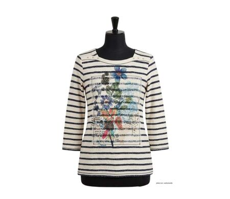 MAYFLOWER KA9631A - Tee-shirt manches 3/4 en coton stretch à imprimé graphique marine et blanc