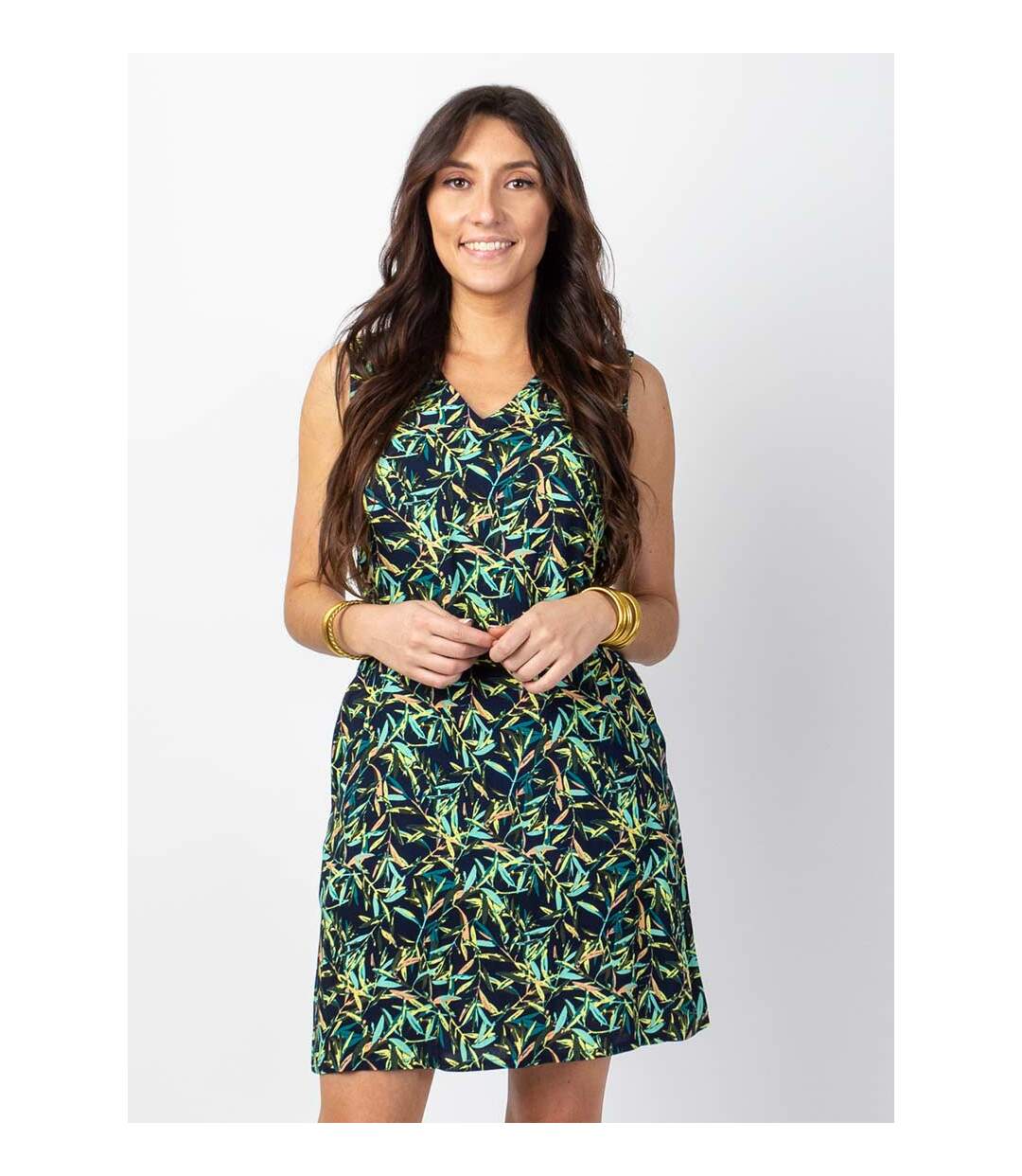 Robe courte DIANA coton sans manches col V imprimé vert et marine Coton Du Monde