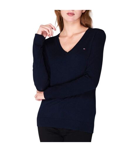 Womens/ladies Cotton V Neck Sweater Top Navy Tommy Hilfiger