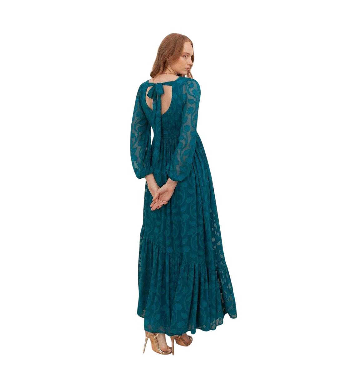 Robe Longue Manches Longues Motif/style Floral En Relief Femme Vert Sarcelle Lovedrobe-3