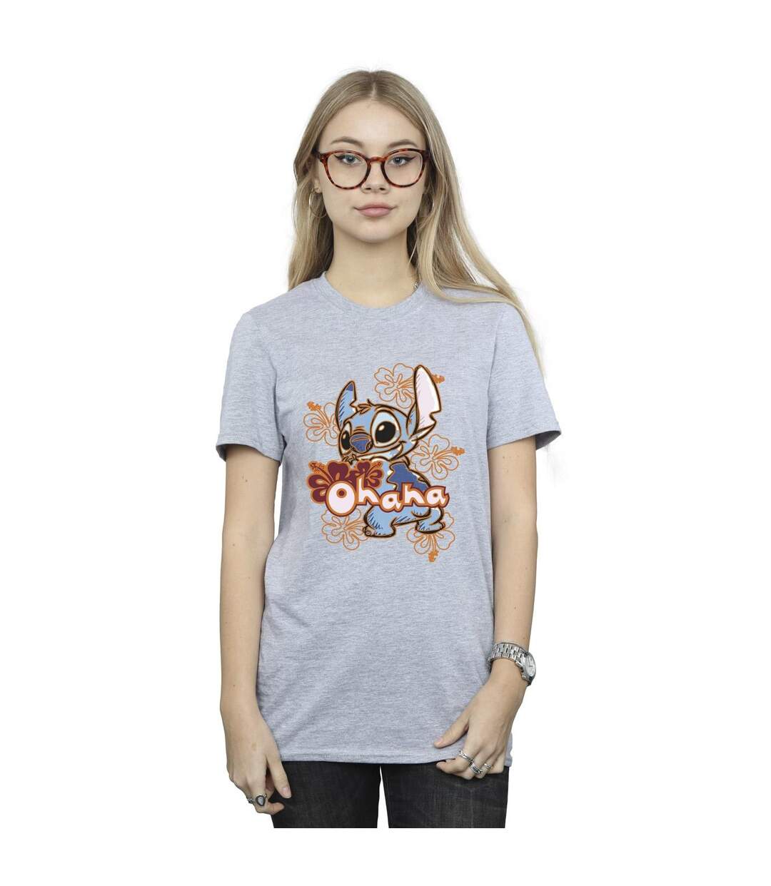 Disney Womens/Ladies Lilo And Stitch Ohana Orange Hibiscus Cotton Boyfriend T-Shirt (Gris sportif) - UTBI30222-2