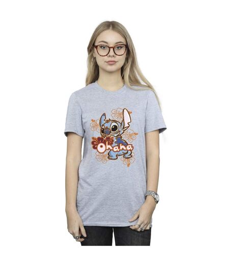 Disney Womens/Ladies Lilo And Stitch Ohana Orange Hibiscus Cotton Boyfriend T-Shirt (Gris sportif) - UTBI30222