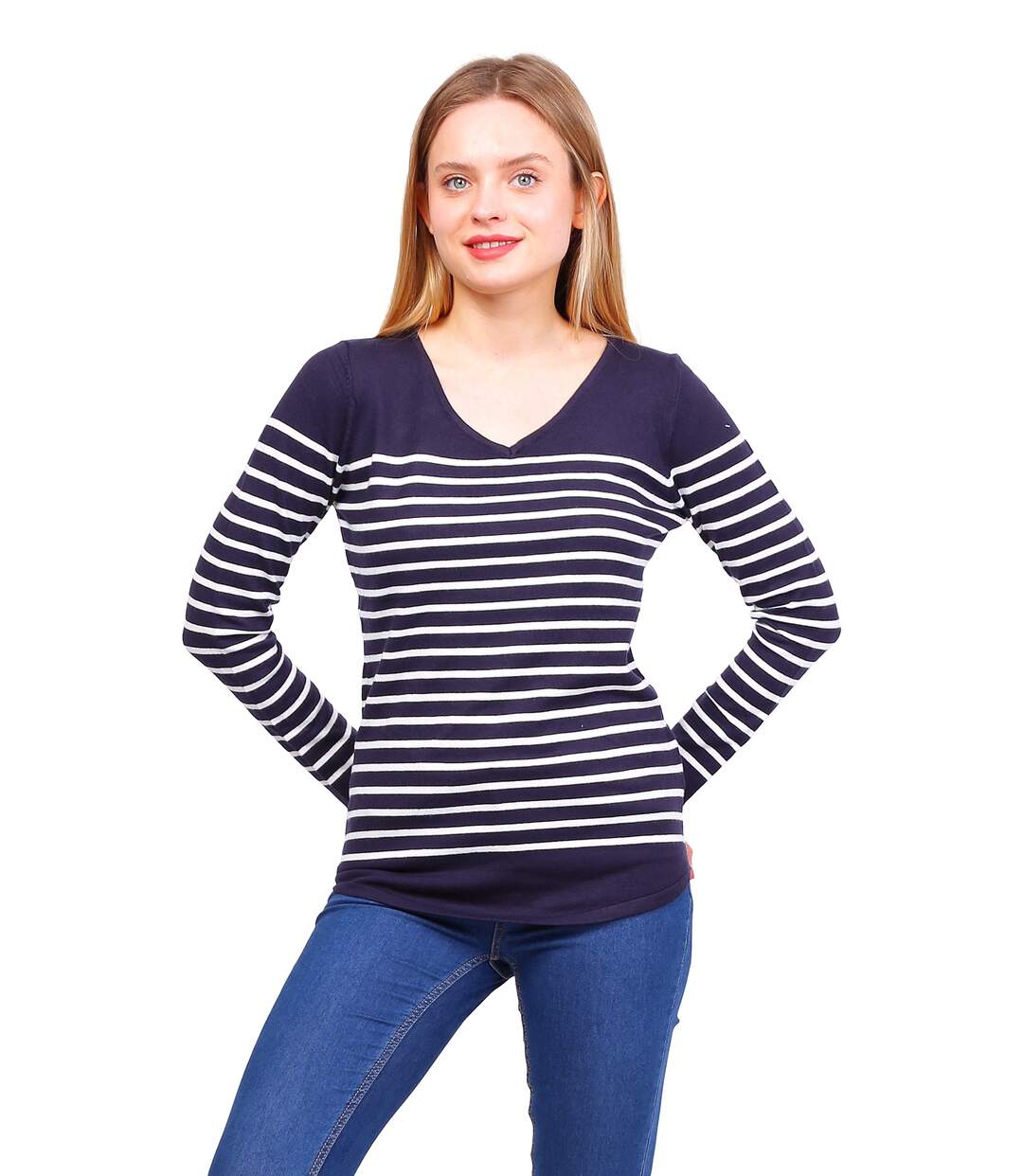 Pull femme de style marin - Pull col en V - Manches longues - Rayé blanc-1