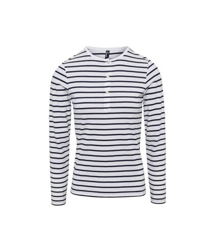 T-shirt henley manches retroussables - Femme - PR318 - rayé blanc et bleu