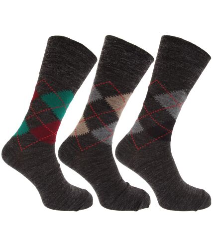 Mens Traditional Argyle Pattern Non Elastic Lambs Wool Blend Socks (Pack Of 3) (Shades of Grey) - UTMB276