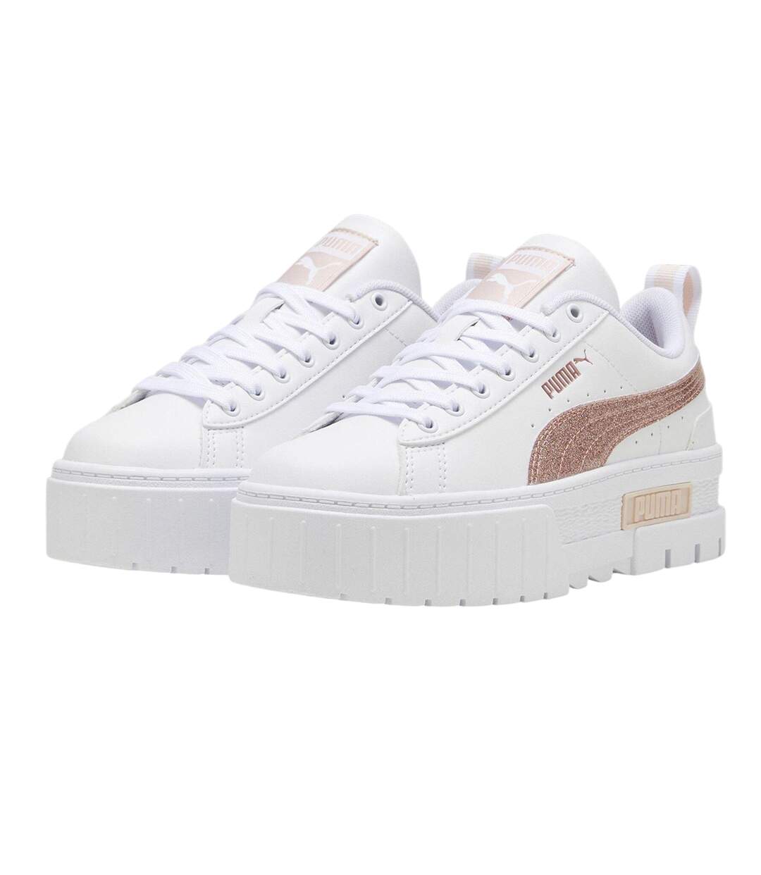 Womens/ladies Mayze Leather Platform Trainers White Glitter White Puma-3