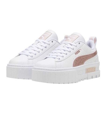 Womens/ladies Mayze Leather Platform Trainers White Glitter White Puma