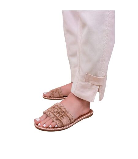 Womens/ladies note text straps beaded flat sandals beige Where´s That From