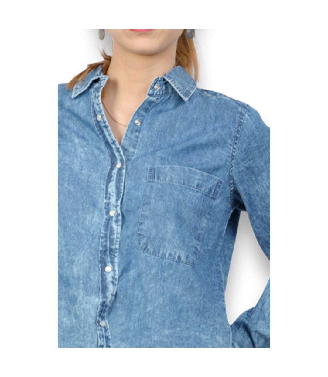 Chemise manches longues en jean femme  jean délavé coupe courte et ajustée-4