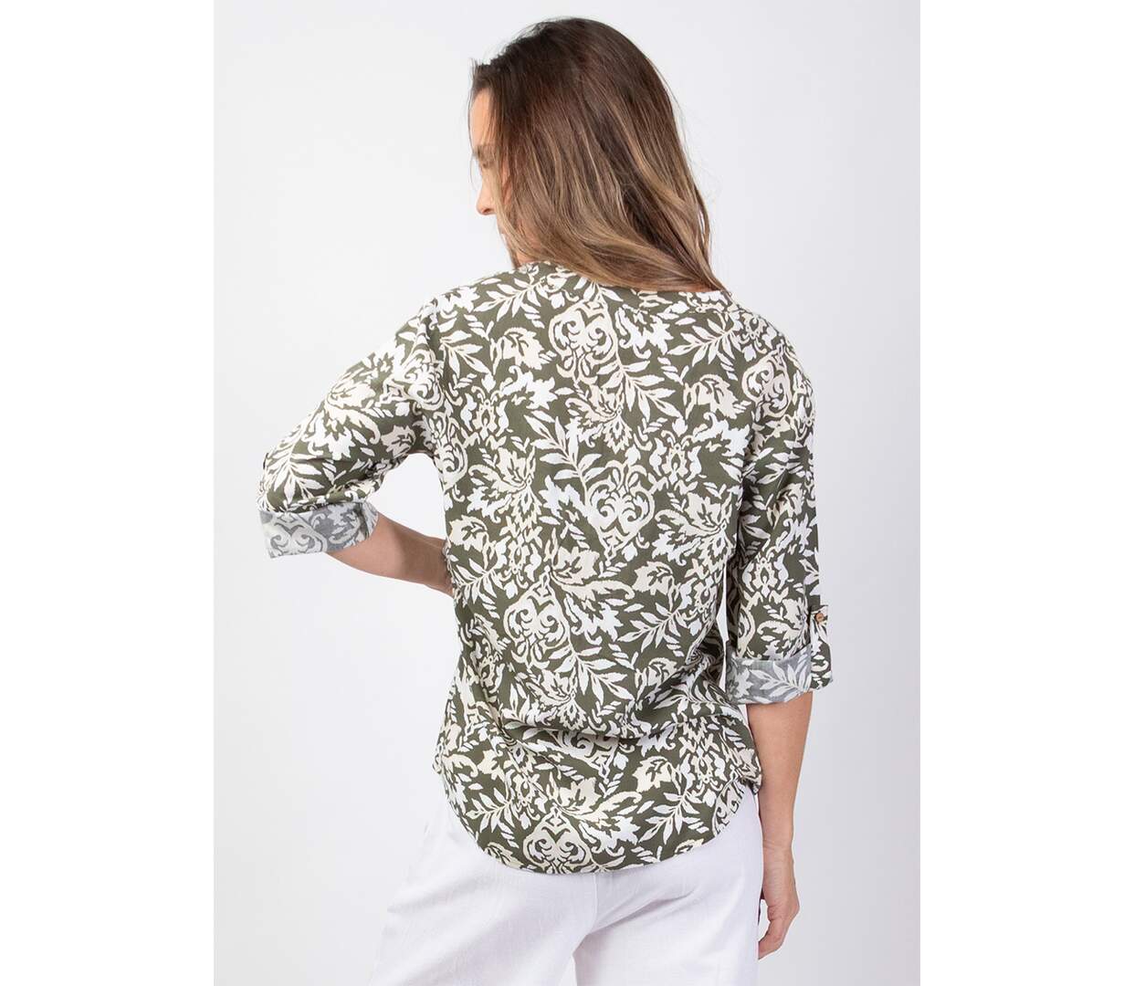 Top mi-saison style chemisier en viscose ASHLEY motif ethnique kaki Coton Du Monde-4