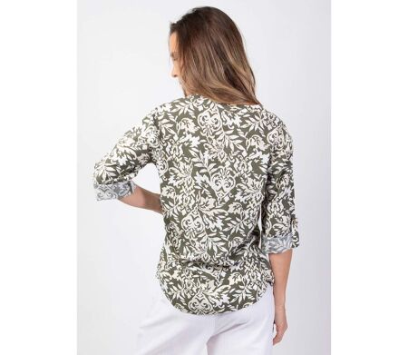 Top mi-saison style chemisier en viscose ASHLEY motif ethnique kaki Coton Du Monde