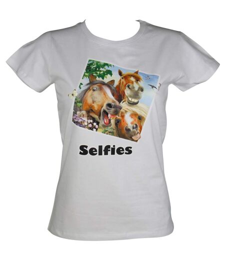 T-shirt femme manches courtes - chevaux selfies 2372 - blanc