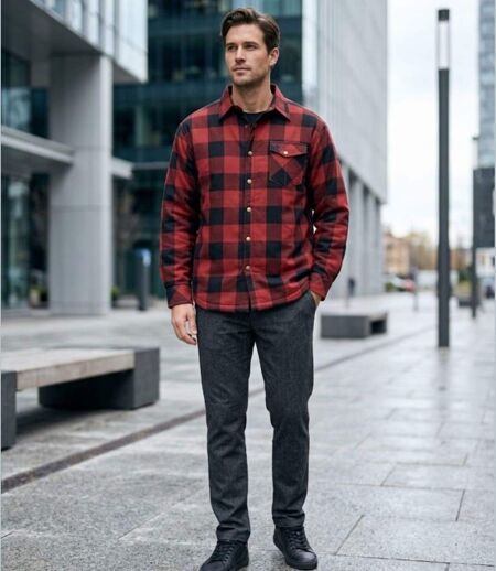 CHALLENGER BRUNO13 — Surchemise flanelle doublée rouge/noir : la chaleur garantie au style bûcheron