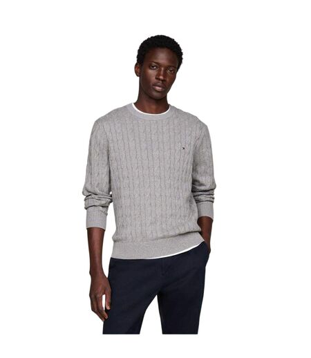 Mens Cable Knit Cotton Crew Neck Jumper Medium Grey Tommy Hilfiger