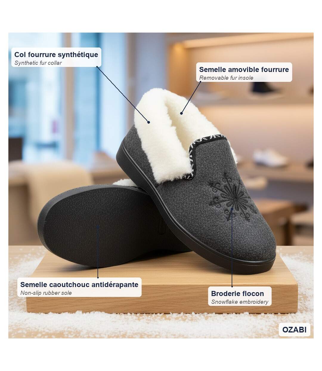 OZABI Charentaises Femme Hiver, Broderie Flocon, Col Fourrure, Semelle Amovible-4