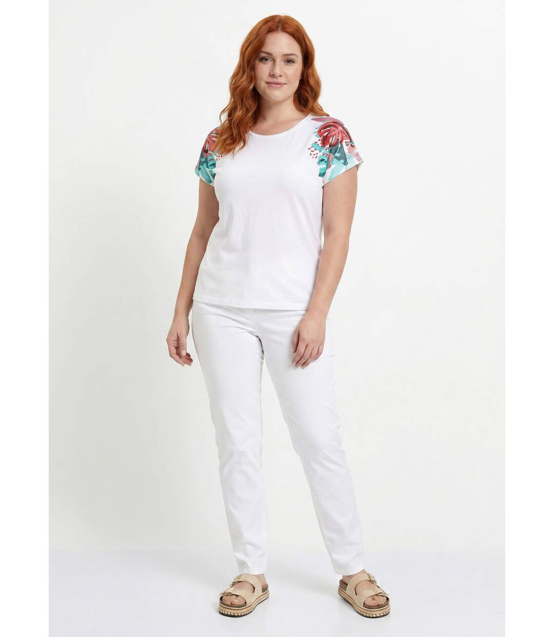 T-shirt court blanc motif sequins col rond-3